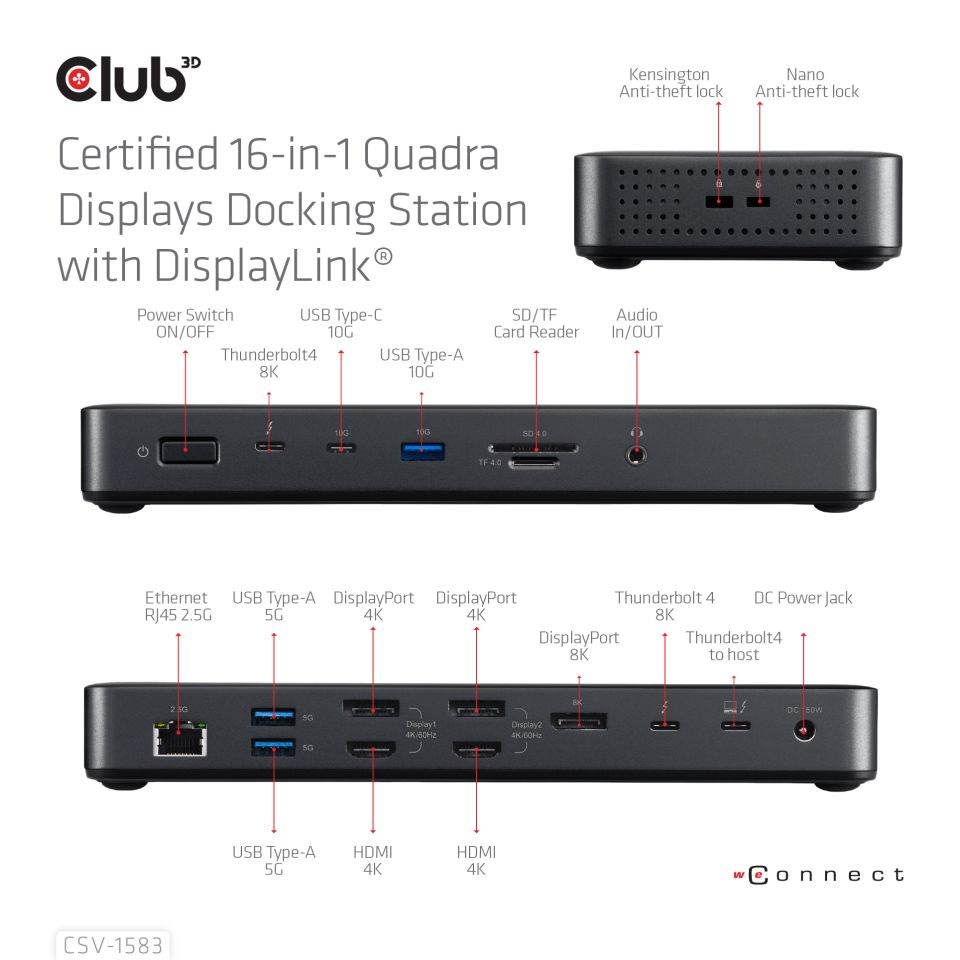 Club3D Dokovací stanice 16v1 ThunderBolt 4, (2xThunderbolt, 3xDP, 2xHDMI, 3xUSB, RJ45, SD-TF Karta, 1xUSB-C, 150W PD)3 