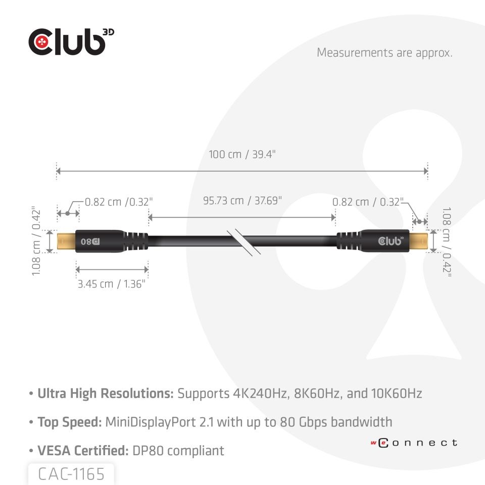 Club3D Kabel MiniDisplayPort 2.1 Certifikovaný, 10K60Hz, DSC1.2, UHBR10, 1m2 