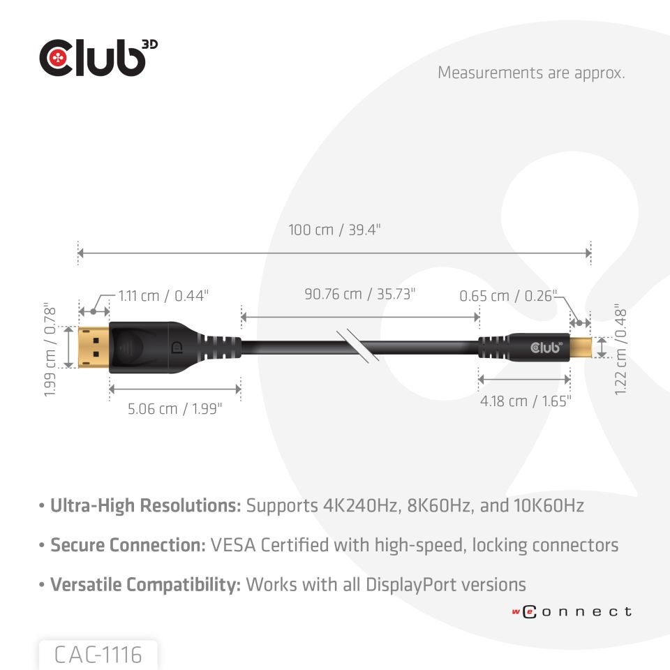 Club3D Kabel MiniDisplayPort na DisplayPort 2.1 Certifikovaný, Oboustranný, 10K60Hz, DSC1.2, UHBR10, 1m2 