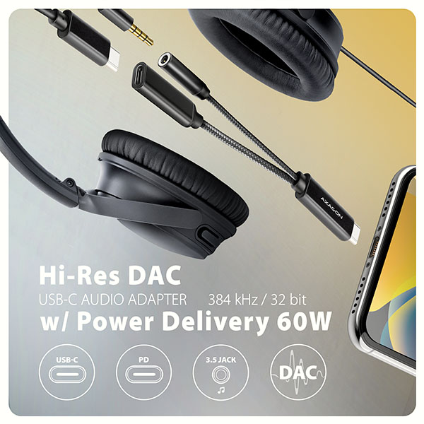 AXAGON ADA-HCPD,  USB-C na 3.5mm jack - Hi-Res DAC audio adaptér,  384kHz/ 32bit,  stereo,  PD 60W 3A1 