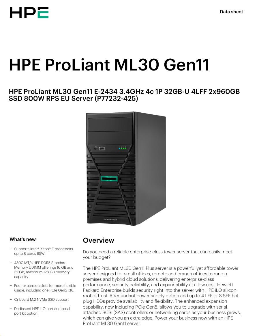 HPE PL ML30g11 E-2434 (3.4G/ 4C8T) 1x32G (P64339) 2x960G (P47808) 4LFF-HP VROC 800W 4x1G NBD311 Smart Choice1 