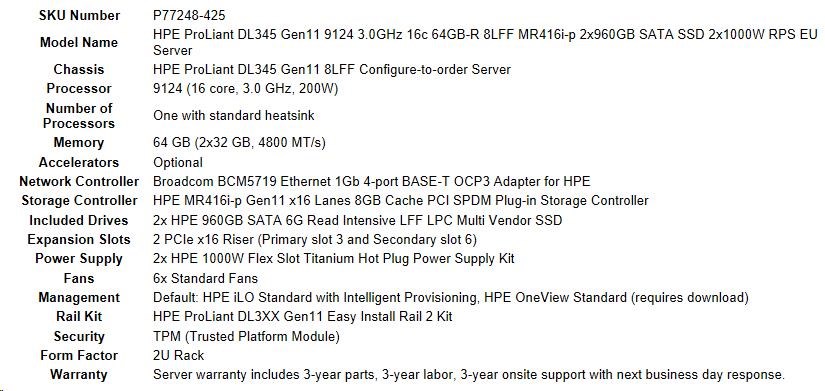 HPE PL DL345g11 AMD Epyc 9124 (3.0G/ 16C) 2x32G (p50311) 2x960G RI (P47808) 2x1000W MR416i-p 8LFF 4p1G Smart Choice6 