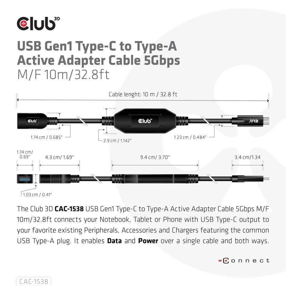 BAZAR - Club3D Kabel USB-C na USB-A,  Aktivní adaptér/ kabel,  5 Gbps (M/ F),  10m - Rozbaleno (Komplet)6 