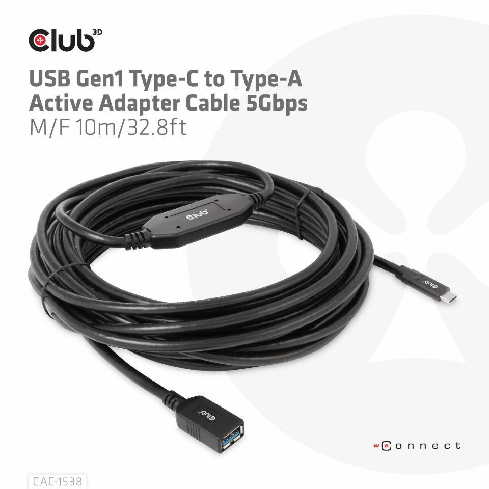 BAZAR - Club3D Kabel USB-C na USB-A, Aktivní adaptér/kabel, 5 Gbps (M/F), 10m - Rozbaleno (Komplet)3 