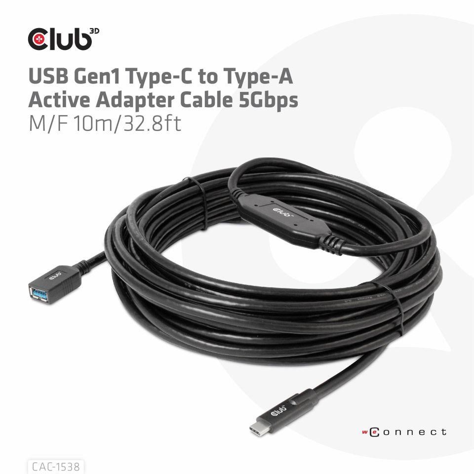 BAZAR - Club3D Kabel USB-C na USB-A,  Aktivní adaptér/ kabel,  5 Gbps (M/ F),  10m - Rozbaleno (Komplet)4 