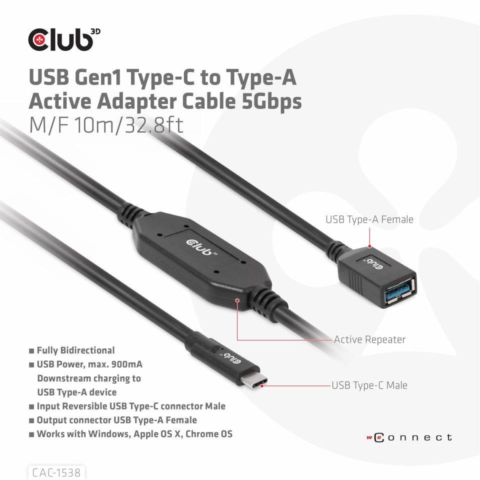 BAZAR - Club3D Kabel USB-C na USB-A,  Aktivní adaptér/ kabel,  5 Gbps (M/ F),  10m - Rozbaleno (Komplet)5 