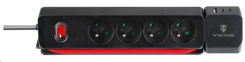 Viking síťová prodlužovací zásuvka R43S,  4x AC 230V,  1x USB-A,  2x USB-C,  délka 1, 4 m1 