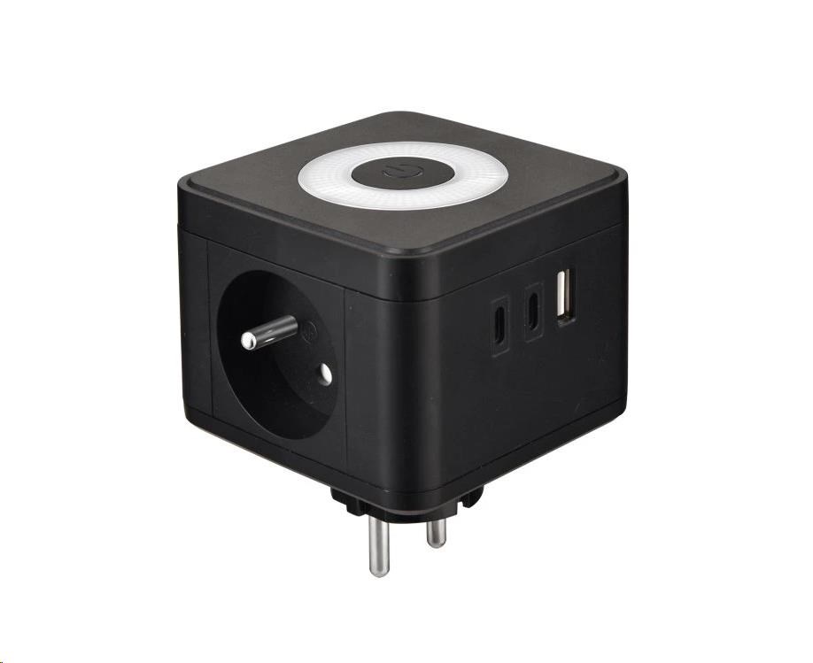 Viking síťový adaptér Y23L,  2x 230 V,  1x USB-A,  2x USB-C,  dotykové světlo,  černá0 