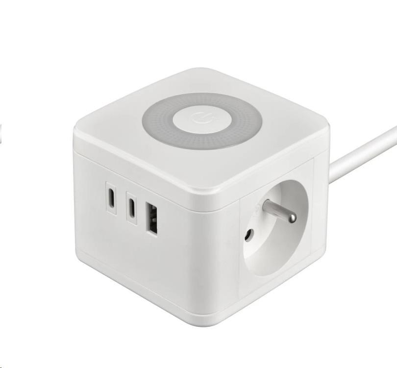 Viking síťový adaptér YC23L,  2x 230 V,  1x USB-A,  2x USB-C,  dotykové světlo,  délka 1, 4 m,  bílá0 