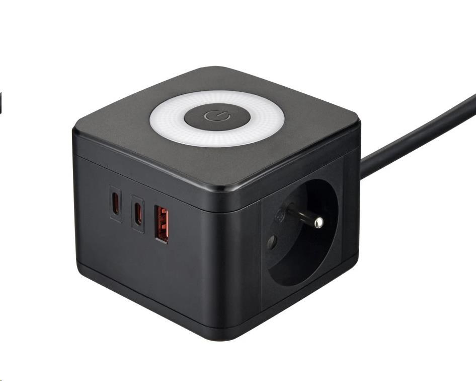 Viking síťový adaptér YC23L,  2x 230 V,  1x USB-A,  2x USB-C,  dotykové světlo,  délka 1, 4 m,  černá0 