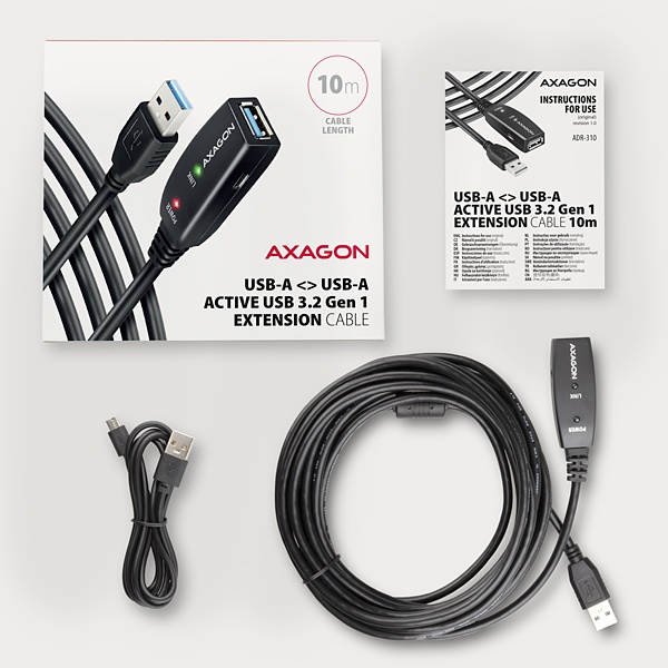 BAZAR - AXAGON ADR-310,  USB 3.2 Gen 1 A-M -> A-F aktivní prodlužovací /  repeater kabel,  10m - Poškozený obal (Komplet)6 