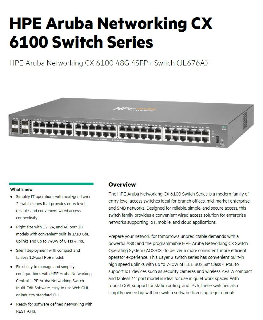 HPE Aruba Networking CX6100 48G 4SFP+ Switch RENEW JL676A14 