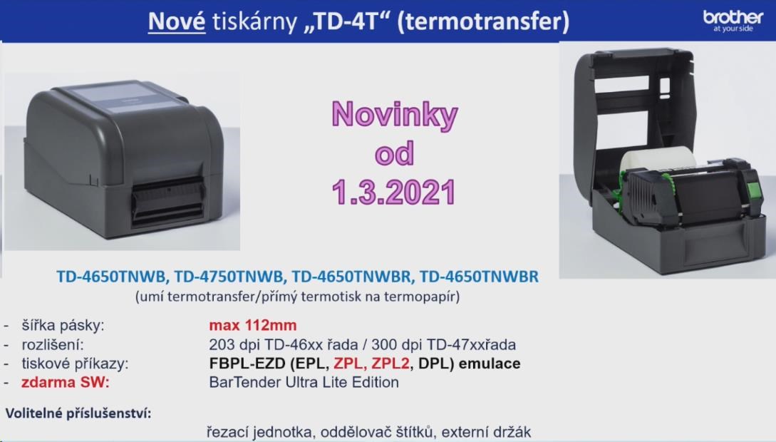 Tlačiareň štítkov BROTHER TD-4650TNWB (tlač štítkov,  203 dpi,  max. šírka štítku 112 mm) USB, LAN, WiFi, Bluetooth, RS-232C1 