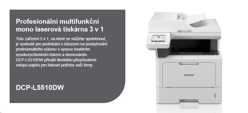 BROTHER multifunkce mono laserová DCP-L5510DW - A4 48ppm 1200x1200 512MB 250listů LAN USB WIFI  DUPLEX ADF501 