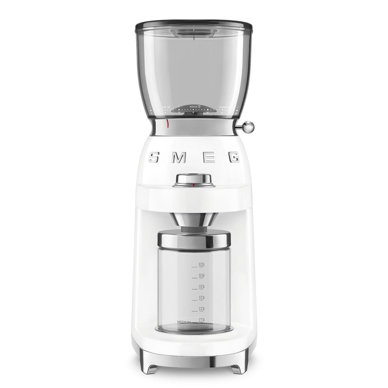 Smeg CGF01WHEU,  mlýnek na kávu,  150 W,  nastavitelná hrubost,  nerezový mlýnek,  nádoba z tritanu,  bílý0 