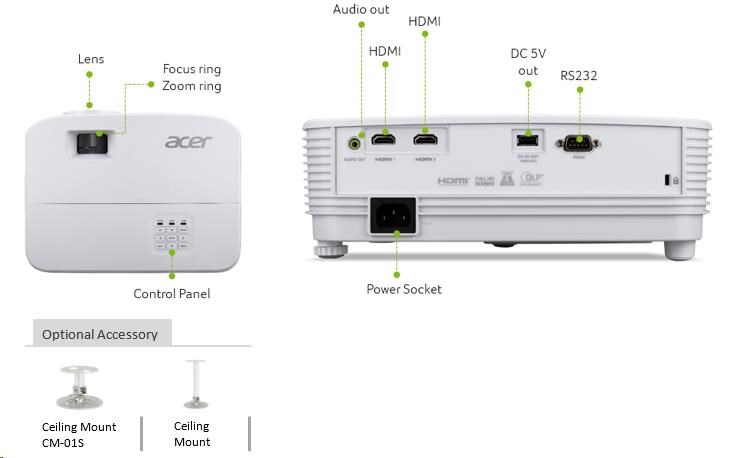 ACER Projektor Acer H6542   DLP 1080p 4000 Lm 13, 000:1 EMEA 3.7Kg Carrying Case EURO Power HDMI Cable1 