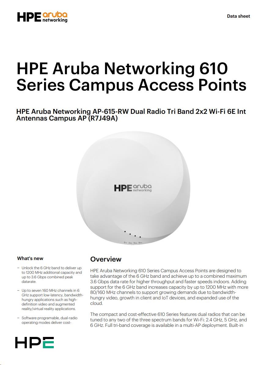 Aruba AP-615 (RW) Dual-radio Tri-band 2x2:2 802.11ax Wi-Fi 6E Internal Antennas Campus AP RENEW R7J49A1 