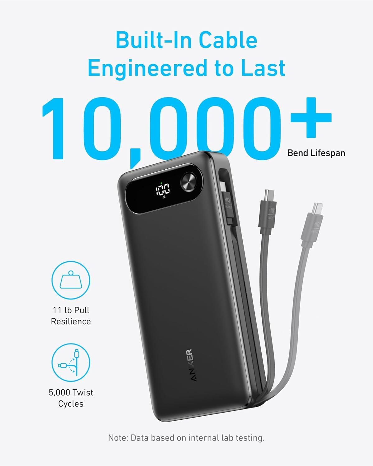 Anker Powerbanka 20K, 87W, 20 000mAh, s vestavěným USB-C kabelem + 1x USB-C, 1x USB-A, Black2 