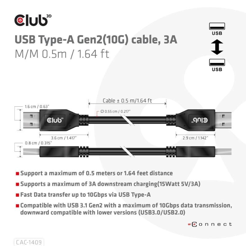 Club3D Kabel USB 3.2 Gen2 Typ-A,  3A M/ M,  50 cm3 