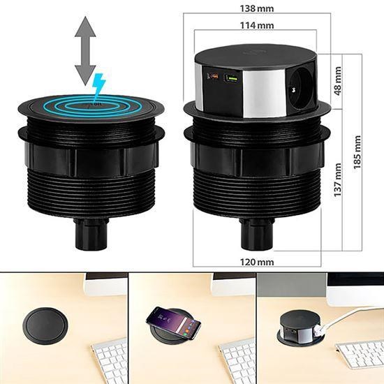 Solight 3z + USB A+C 20W PD, Wireless 10W, výsuvný blok zásuvek, 2m, černý4 