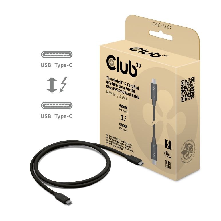 Club3D Kabel Thunderbolt 5,  80/ 120Gbps,  Certifikovaný kabel,  1x 4K540Hz,  2x8K240Hz,  PD 240W,  1m0 