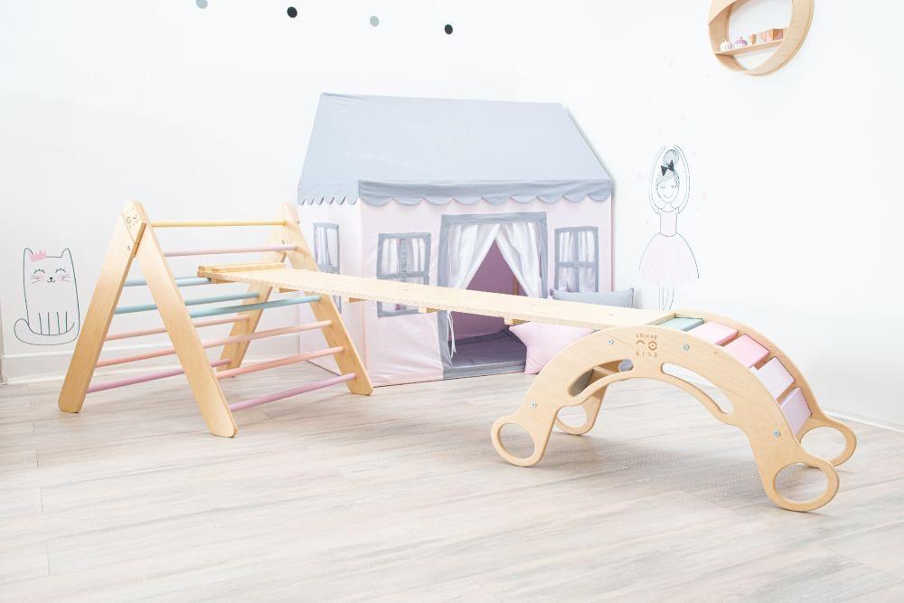 Montessori duhová houpačka 5in1 natur,  lakované okraje,  duhové desky5 