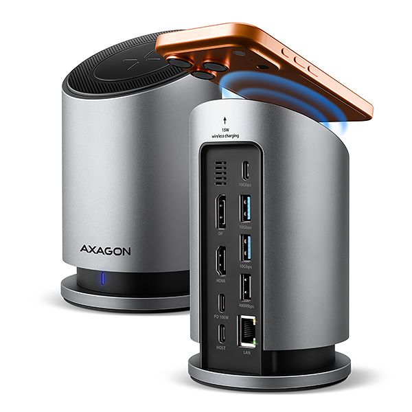 AXAGON HMC-WL9,  USB 10Gbps hub s Qi,  3x USB-A,  USB-C,  HDMI & DP 4k/ 60Hz,  RJ-45 GLAN,  PD 100W,  kábel USB-C 60cm0 