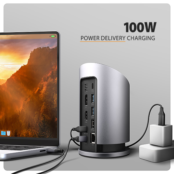 AXAGON HMC-WL9,  USB 10Gbps hub s Qi,  3x USB-A,  USB-C,  HDMI & DP 4k/ 60Hz,  RJ-45 GLAN,  PD 100W,  kábel USB-C 60cm5 
