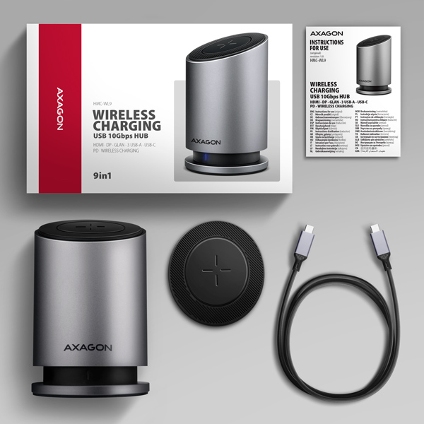 AXAGON HMC-WL9,  USB 10Gbps hub s Qi,  3x USB-A,  USB-C,  HDMI & DP 4k/ 60Hz,  RJ-45 GLAN,  PD 100W,  kábel USB-C 60cm9 