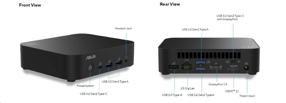 ASUS NUC 14 Essential RNUC14MNK1500002/ N150 Procesor/ DDR5-4800 SODIMM/ USB-A, C/ M.2 2280/ Wi-Fi/ LAN/ EU Napájecí kabel3 