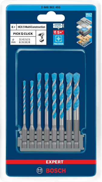 Bosch sada vrtáků EXPERT HEX-9 MultiConstruction 3–8 mm pro Pick & Click1 