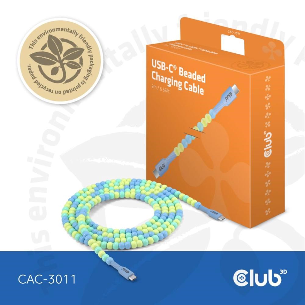 Club3D Kabel s korálky USB-C,  480Mbps,  PD 60W,  2m,  modrá3 