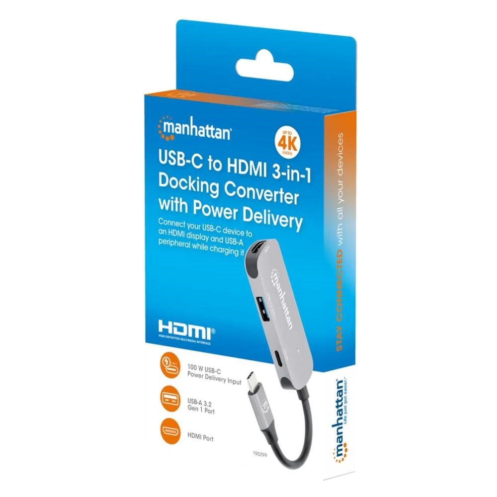 MANHATTAN Dokovací stanice USB-C na HDMI,  USB-C PD 100W,  USB-A,  šedá3 