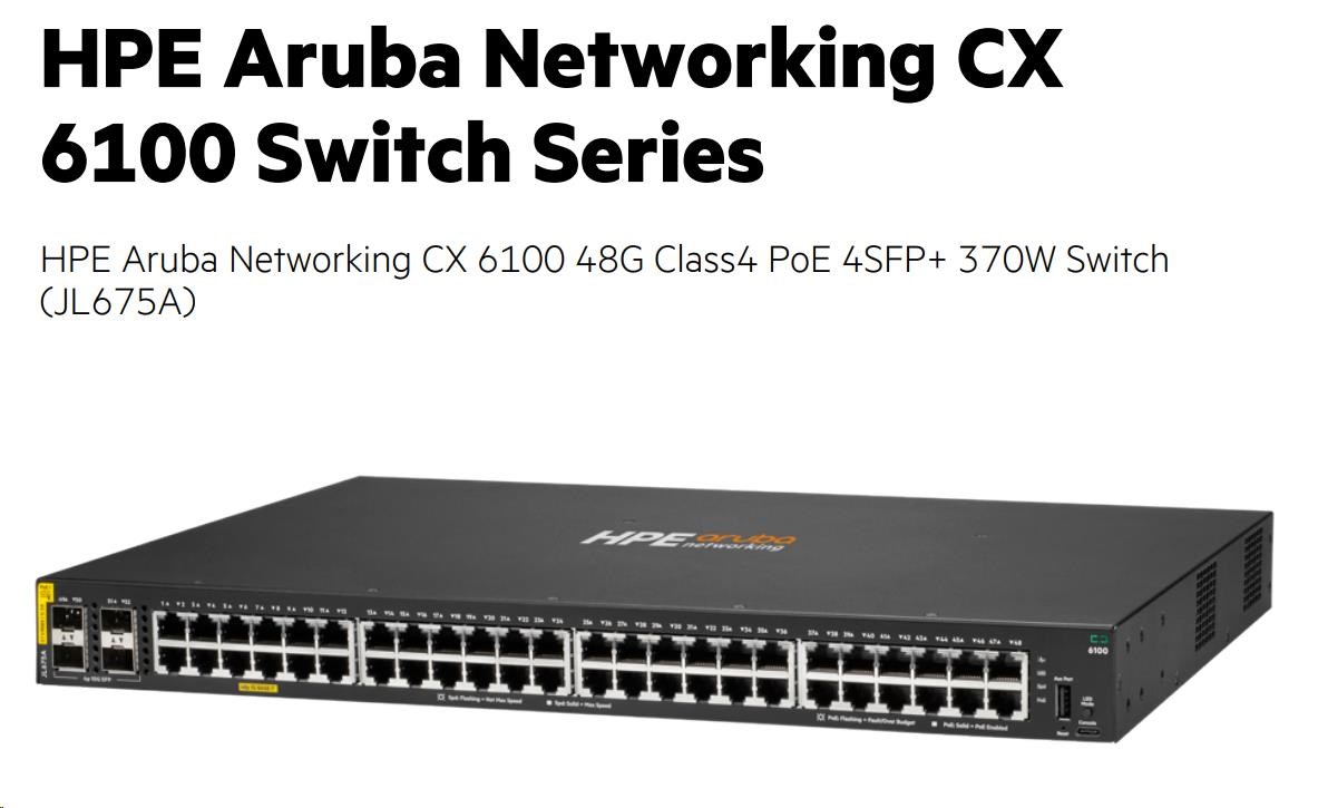 HPE Aruba Networking CX6100 48G Class4 PoE 4SFP+ 370W Switch JL675A2 