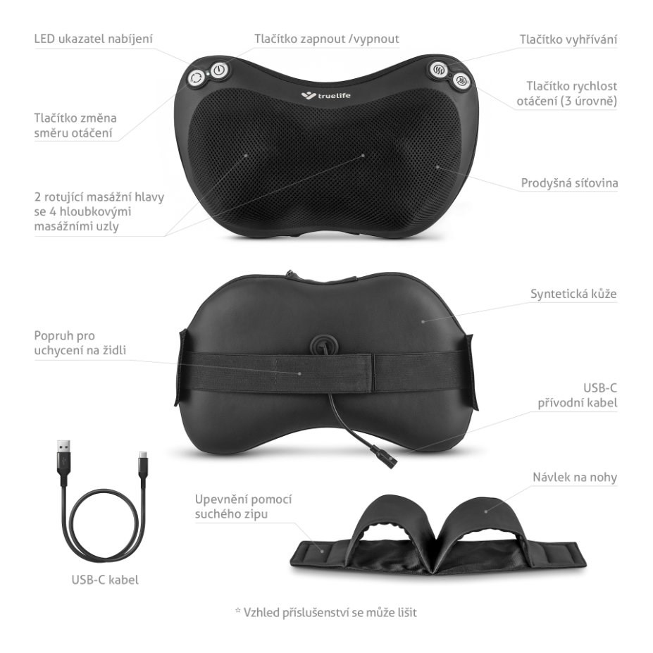 TrueLife RelaxBack B3 Charge - masážní polštář s dobíjecí baterií - Poškozený obal (Komplet)2 