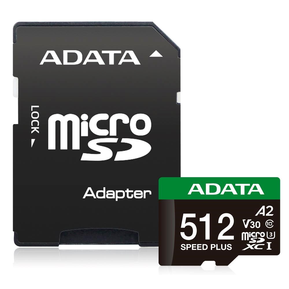 ADATA MicroSDXC karta 512GB Speed Plus,  U3,  C10,  A2,  V30 (R:180/ W:160 MB/ s) + SD adaptér0 
