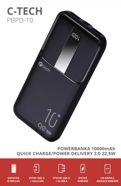 C-TECH Powerbanka 10000mAh,  Li-Pol,  22, 5W,  USB-C/ USB-A/ micro USB0 