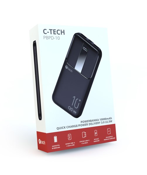 C-TECH Powerbanka 10000mAh,  Li-Pol,  22, 5W,  USB-C/ USB-A/ micro USB6 