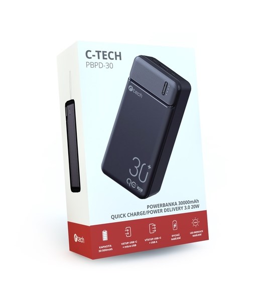 C-TECH Powerbanka 30000mAh,  Li-Pol,  20W,  USB-C/ USB-A/ micro USB2 