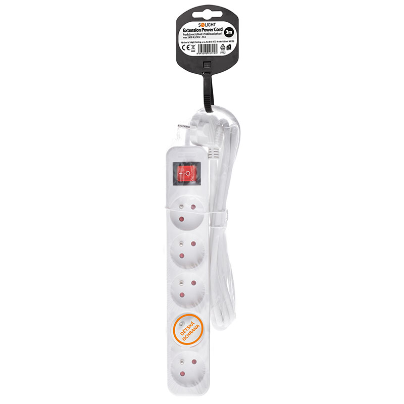 Solight prodlužovací přívod,  5 zásuvek,  bílý,  vypínač,  3m3 