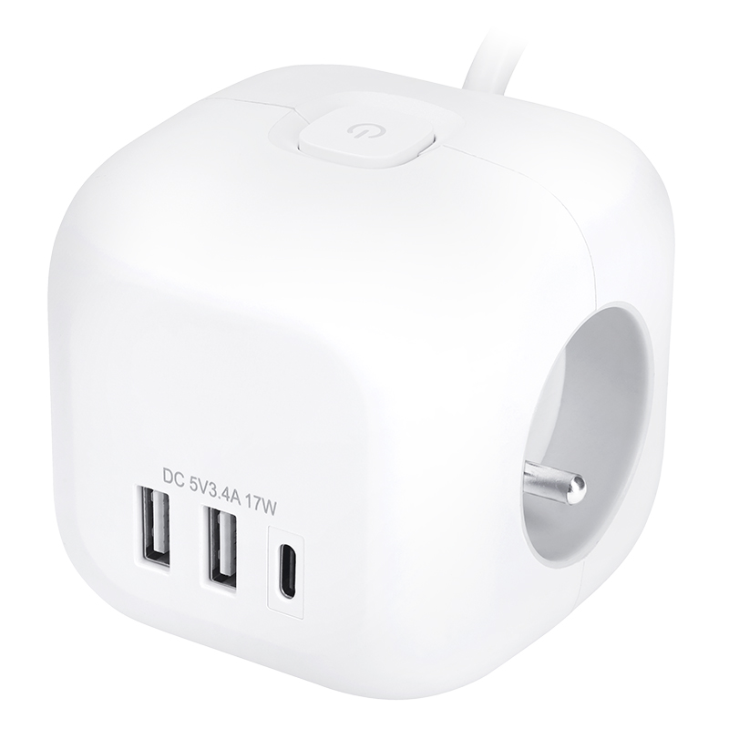 Solight 3z + USB A+C prodlužovací přívod - kostka,  kabel 2m,  3 x 1mm2,  bílý,  vypínač0 