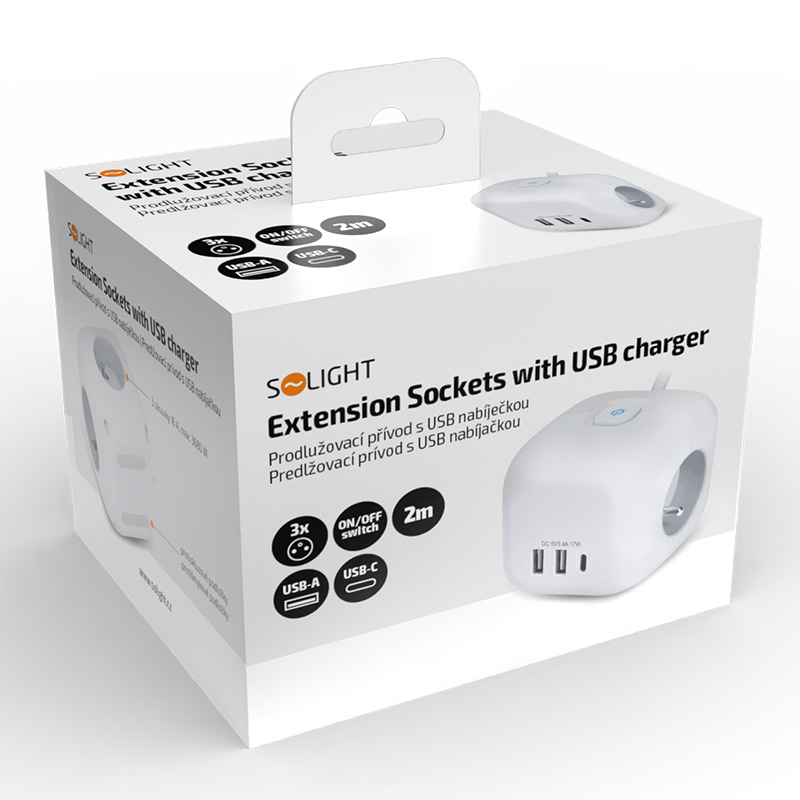Solight 3z + USB A+C prodlužovací přívod - kostka,  kabel 2m,  3 x 1mm2,  bílý,  vypínač7 