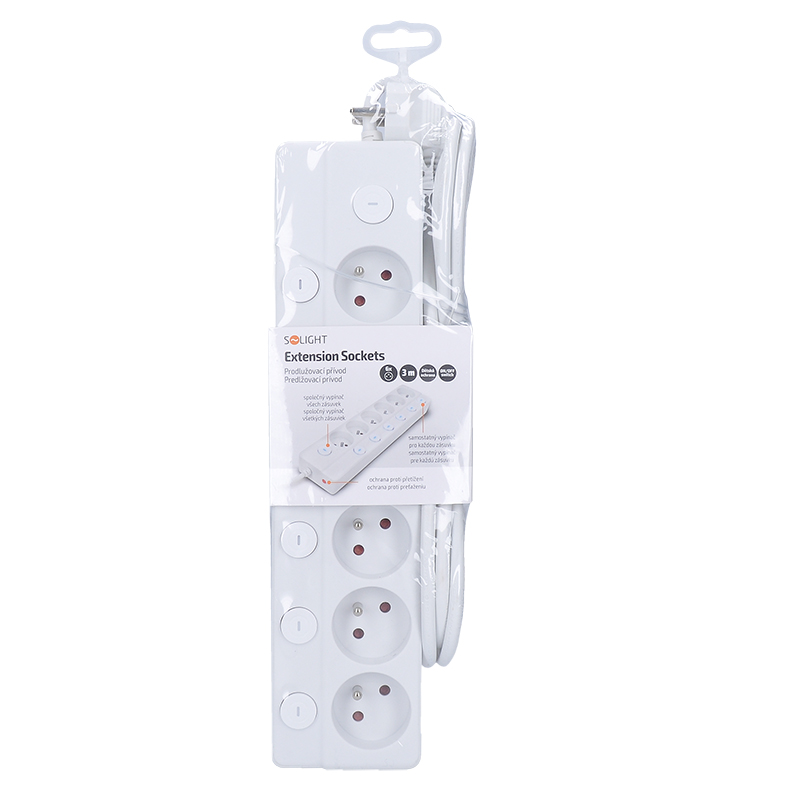 Solight 6z prodlužovací přívod,  3m,  3 x 1mm2,  bílý,  6+1 vypínač2 