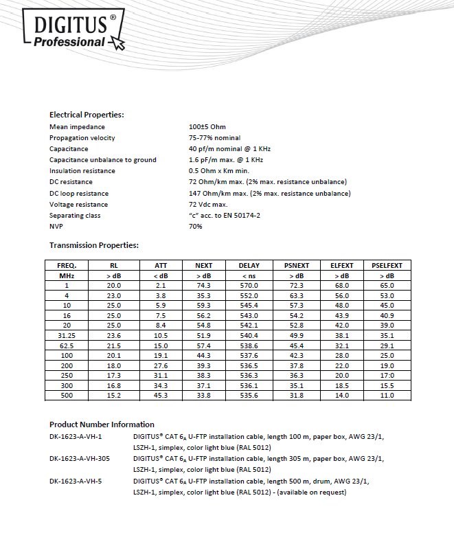 DIGITUS CAT 6A U-FTP Kabel 4x2, drát AWG23,  LSOH,  modrý,  305m2 