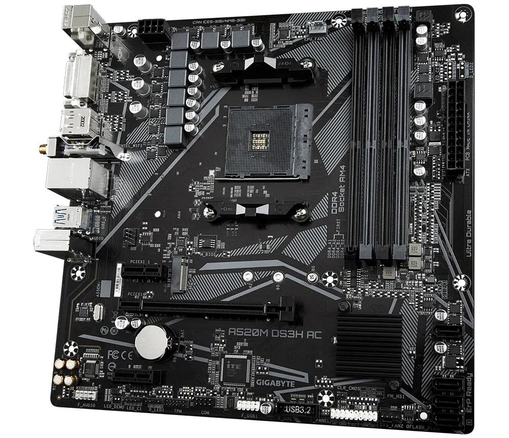 GIGABYTE MB Sc AM4 A520M DS3H AC,  AMD A520,  4xDDR4,  1xDP,  1xHDMI,  1xDVI-D,  WiFi,  mATX0 