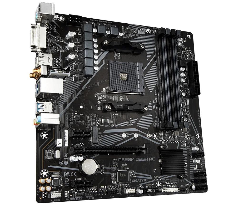 GIGABYTE MB Sc AM4 A520M DS3H AC,  AMD A520,  4xDDR4,  1xDP,  1xHDMI,  1xDVI-D,  WiFi,  mATX1 