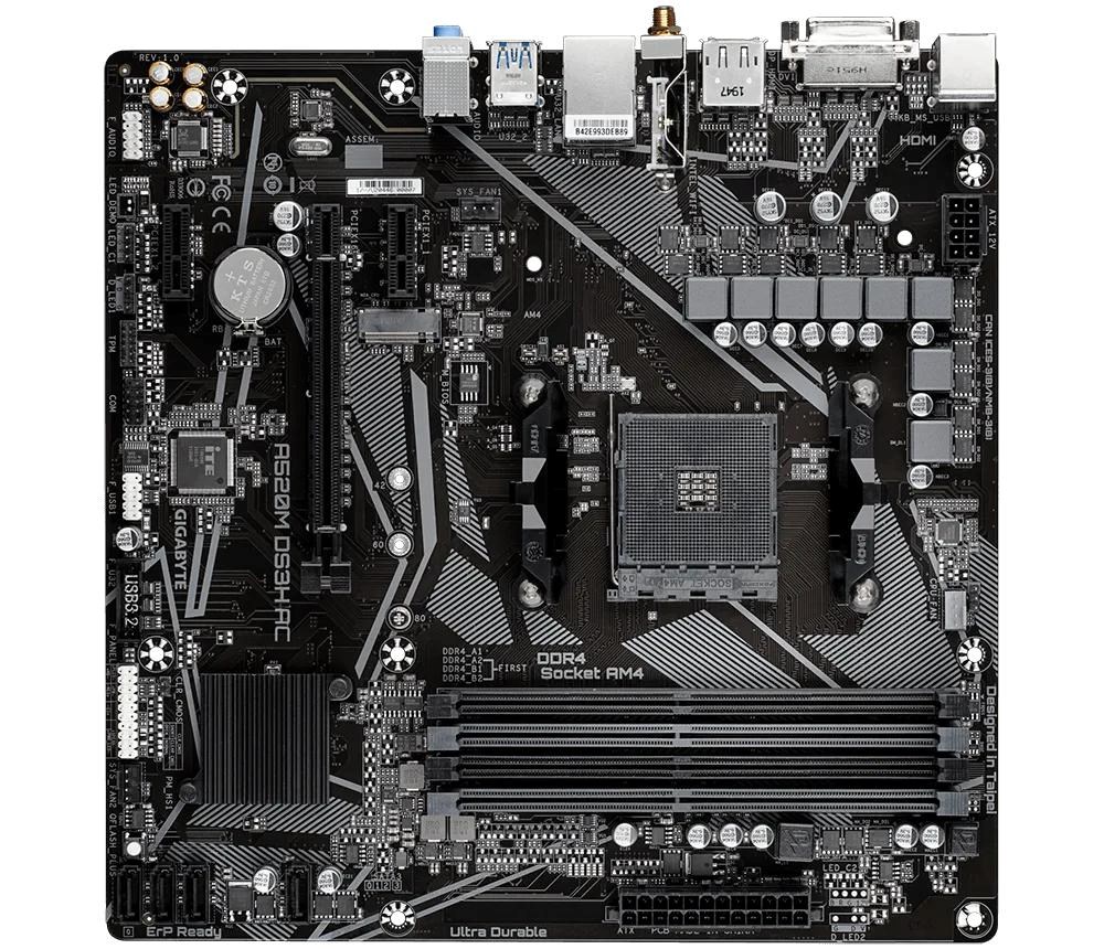 GIGABYTE MB Sc AM4 A520M DS3H AC,  AMD A520,  4xDDR4,  1xDP,  1xHDMI,  1xDVI-D,  WiFi,  mATX2 
