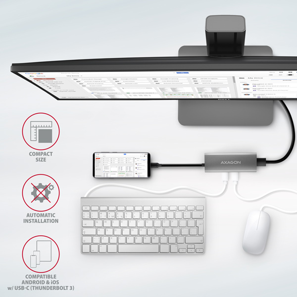 AXAGON HMC-5G21, USB 10Gbps hub, porty 2x USB-A, 2x USB-C, HDMI 4k/30, PD 60W, kábel USB-C 13cm6 