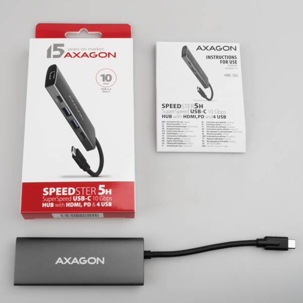 AXAGON HMC-5G21, USB 10Gbps hub, porty 2x USB-A, 2x USB-C, HDMI 4k/30, PD 60W, kábel USB-C 13cm7 