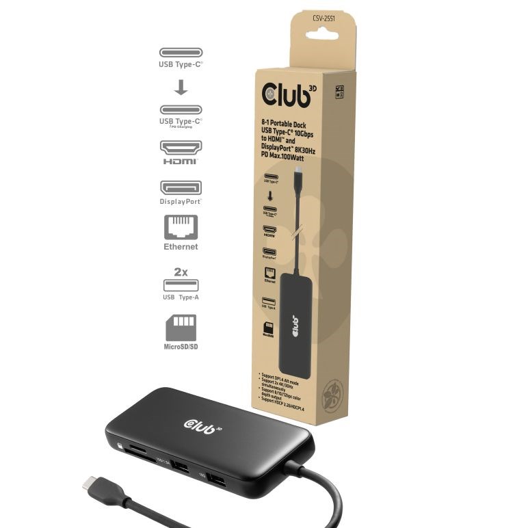 Club3D Dokovací stanice USB-C 8v1,  1xHDMI,  1xDP,  1xUSB-C,  2xUSB,  1xRJ45,  černá0 
